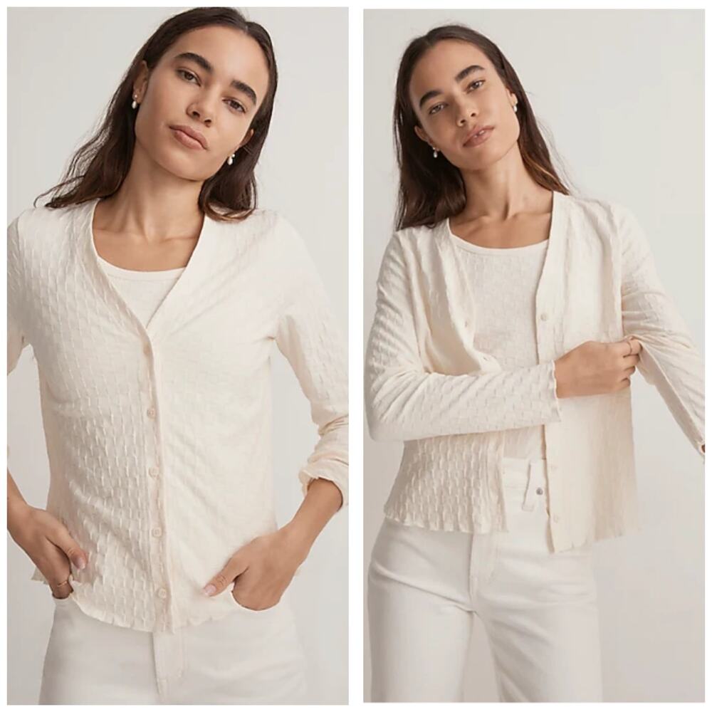 Madewell V-Neck Cardigan Checkerboard Jacquard Women's Large Cream Preppy